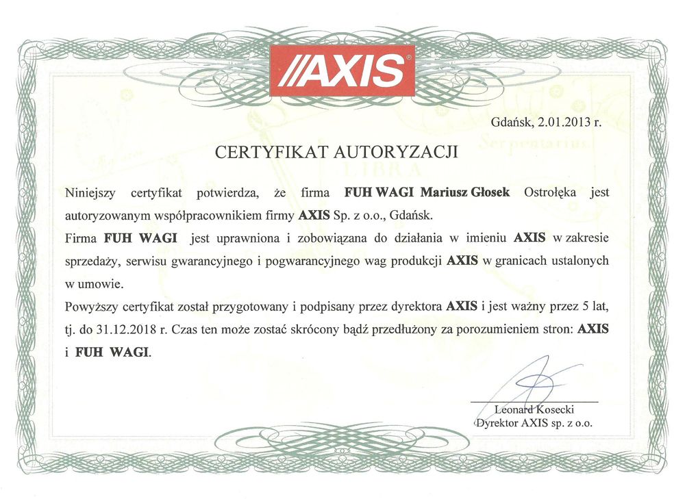 Wagi AXIS certyfikat F.U.H. Wagi Ostrołęka