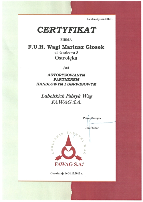 Wagi FAWAG certyfikat F.U.H. Wagi Ostrołęka